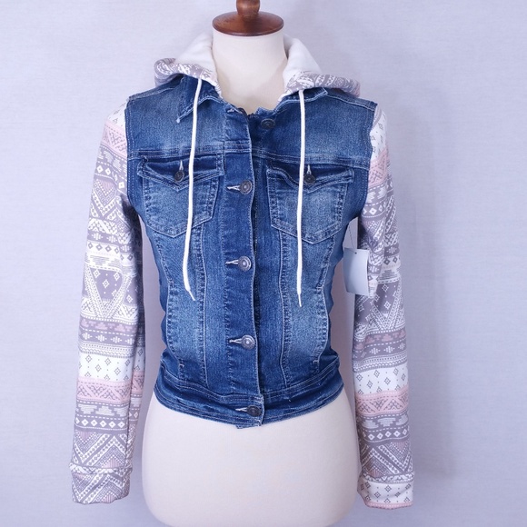 WallFlower Juniors Dreamer Hooded Knit-Sleeve Denim Jacket